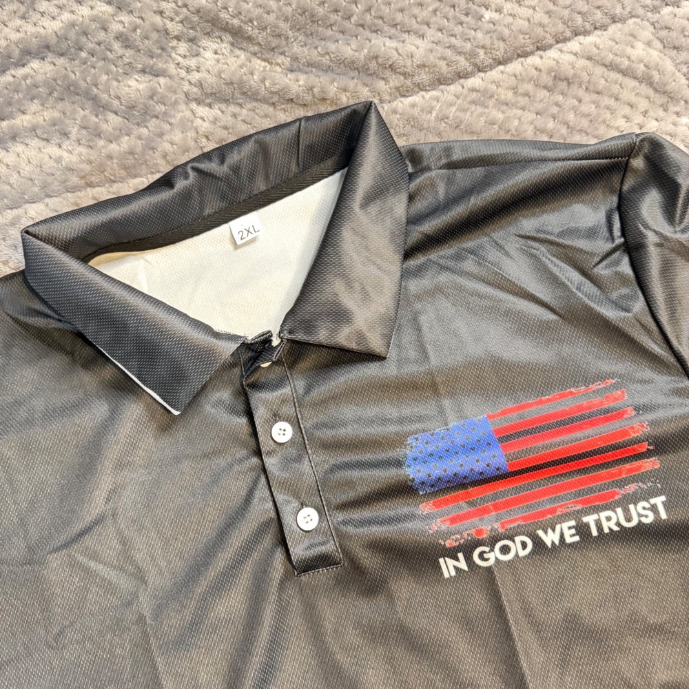 In God We Trust American Flag Cross Polo Shirt Mens 2XL Charcoal Grey Patriotic